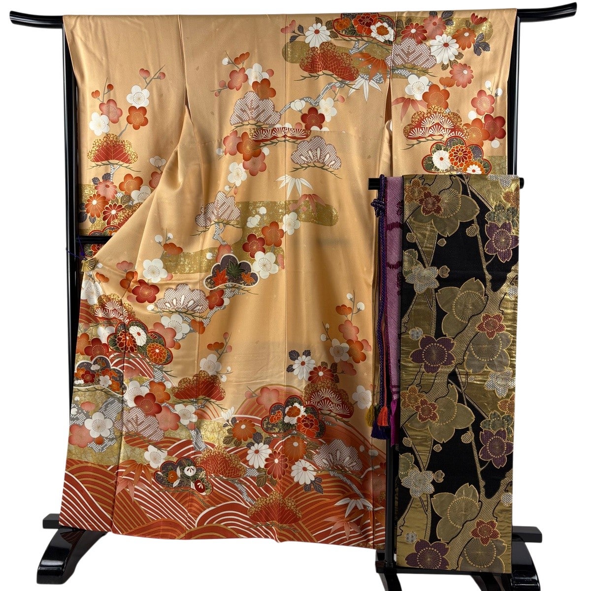 振袖 身丈159.5cm 裄丈66cm M 袷 袋帯フルセット 梅 籠目 金彩