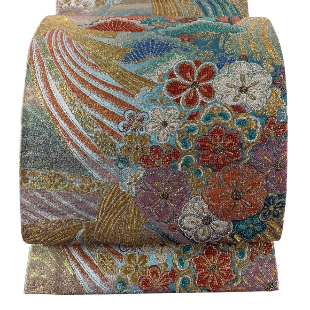 袋帯 秀品 草花 束ね熨斗 金糸 箔 濃紫 六通 正絹｜中古・古着