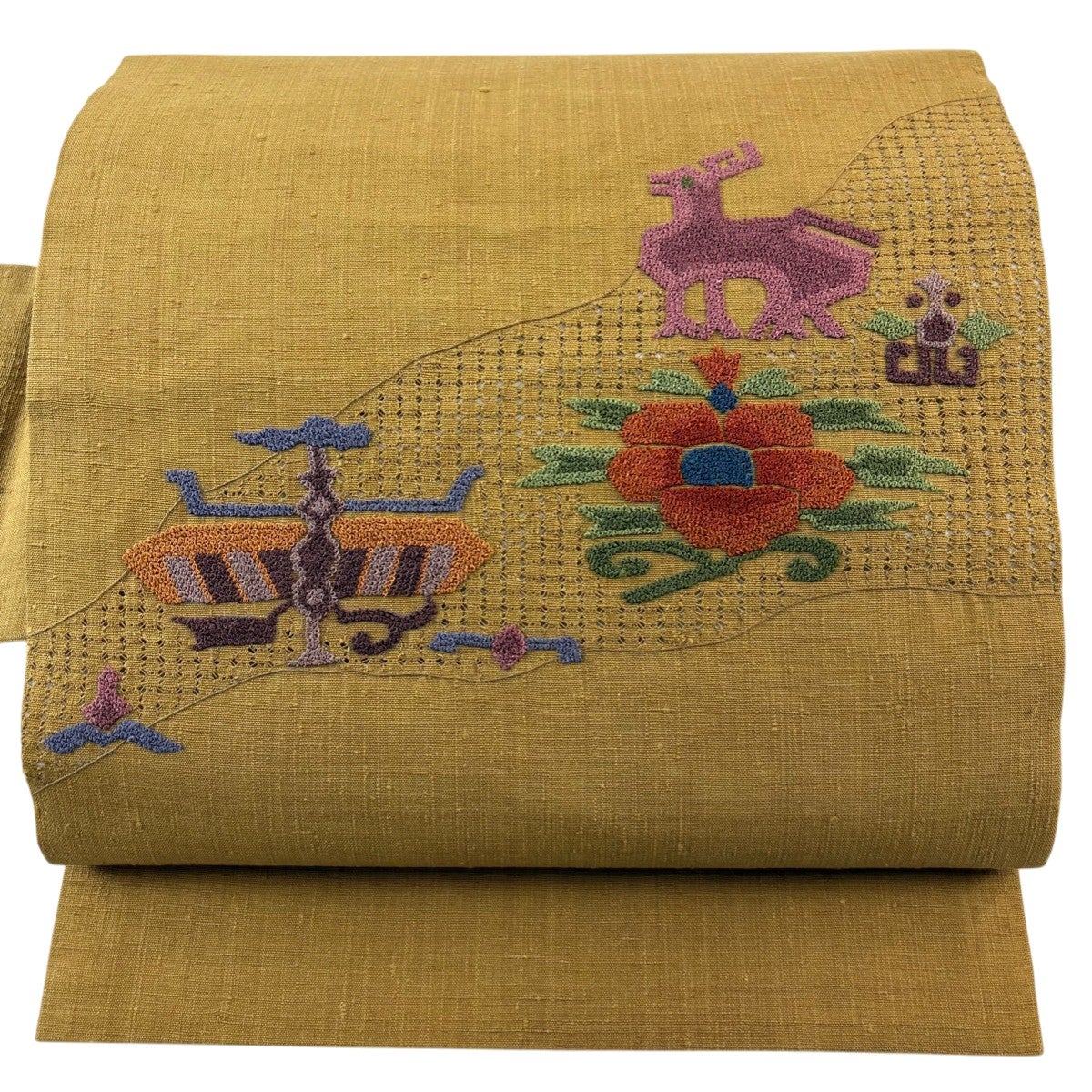 名古屋帯 秀品 紬地 草花 相良刺繍 ぼかし 茶色 正絹｜中古・古着