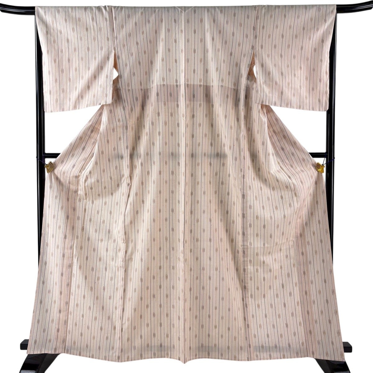 美品】 紬 身丈165cm 裄丈66cm M 単衣 縦縞 幾何学 ピンクベージュ