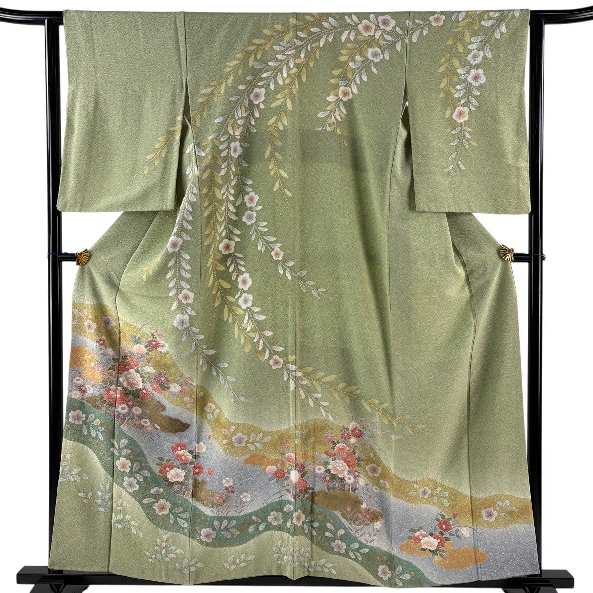 訪問着 身丈157cm 裄丈62cm S 袷 草花 霞 金銀彩 絞り 灰緑 正絹 名品