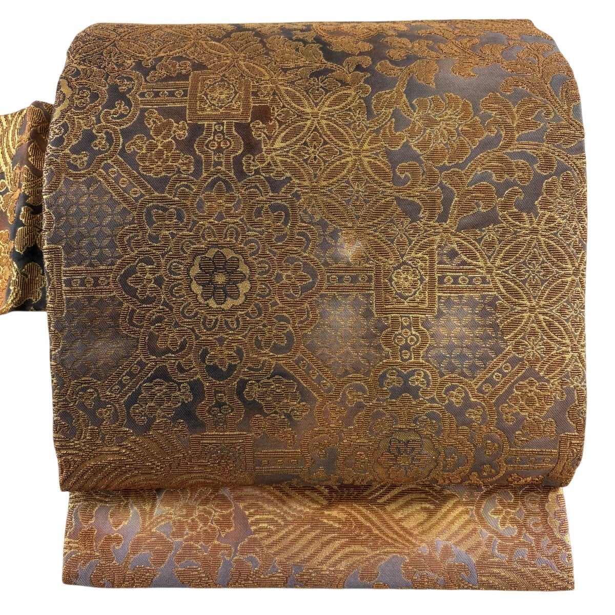 美品】 名古屋帯 名品 華文 七宝 箔 金茶 正絹｜中古・古着