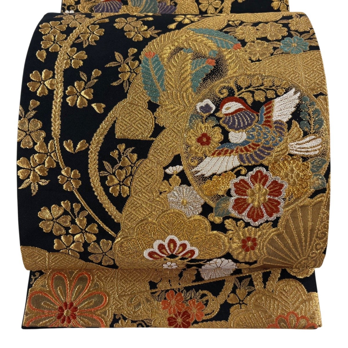 美品】 袋帯 秀品 扇面 草花 唐織 箔 金色 六通 正絹｜中古・古着