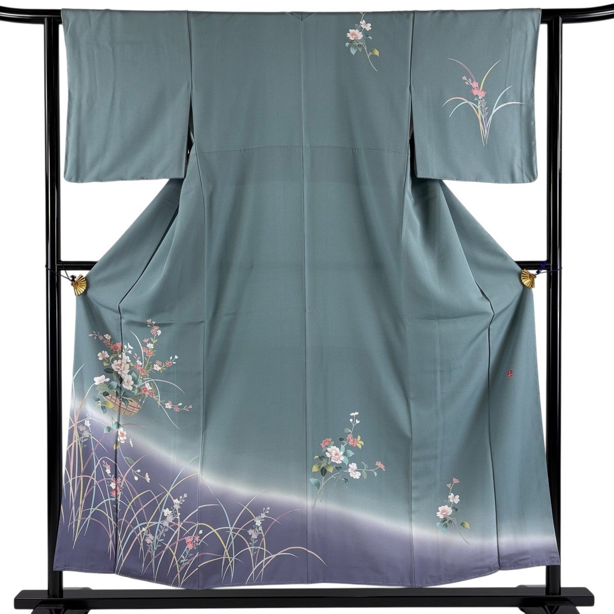 美品】 訪問着 身丈159cm 裄丈64cm M 袷 百貫石峰 落款あり 草花 灰緑