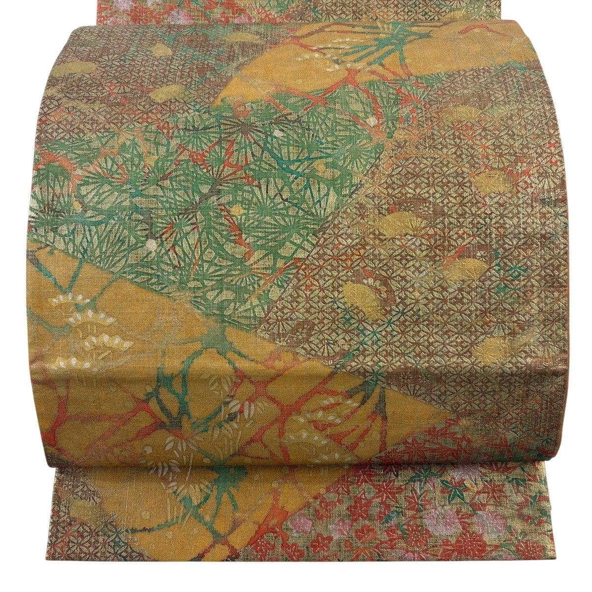 袋帯 逸品 落款あり 牛首紬 鈴乃屋 松竹梅 七宝 金銀彩 山吹茶色 全通