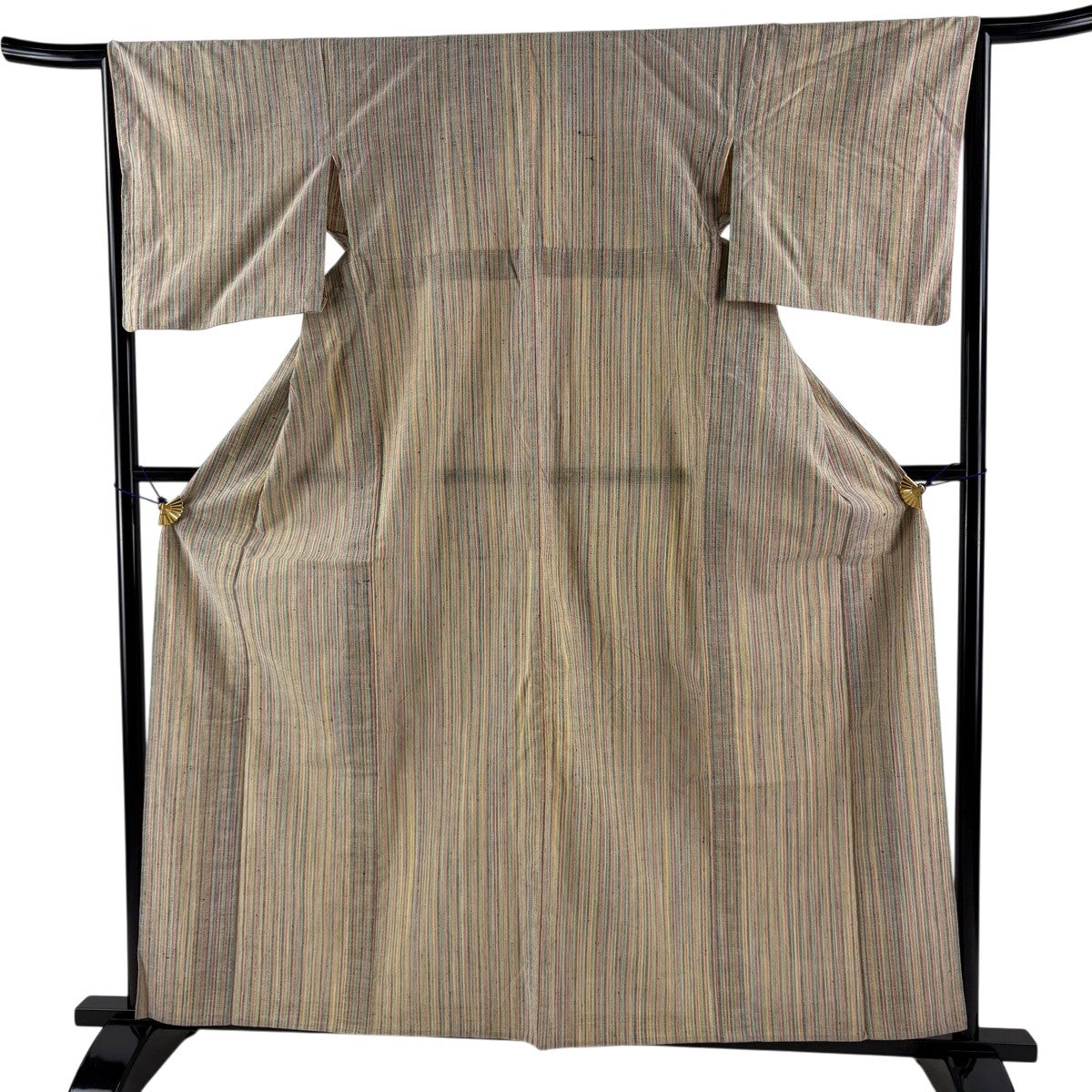 美品】 紬 身丈164.5cm 裄丈65.5cm M 単衣 縦縞 灰茶 正絹 秀品｜中古
