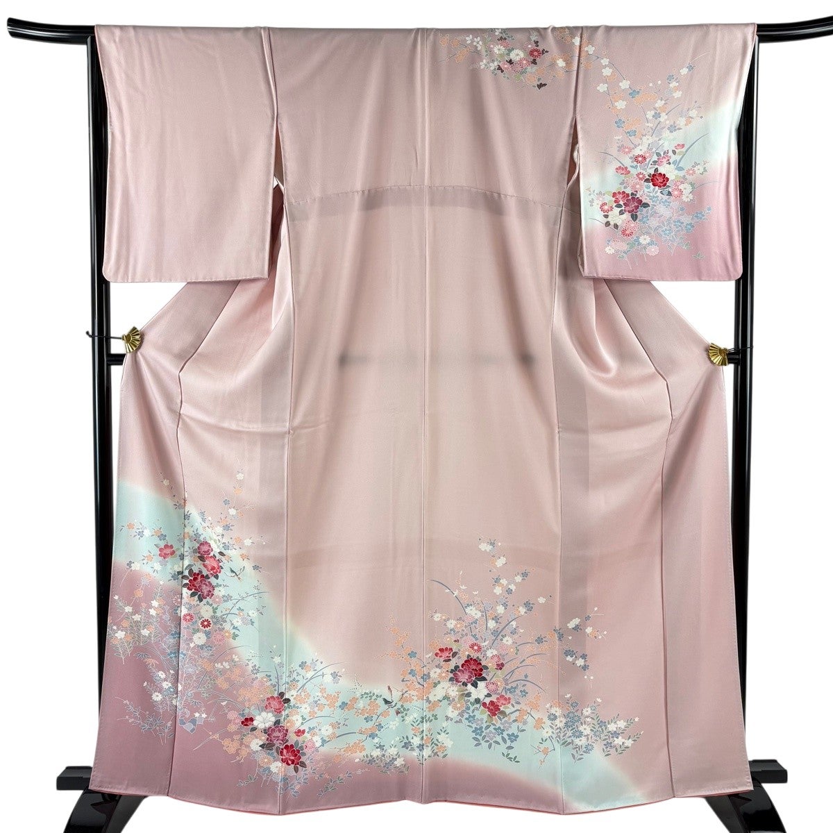 訪問着 身丈164cm 裄丈66cm M 袷 桜 草花 ぼかし 灰色 正絹 名品｜中古