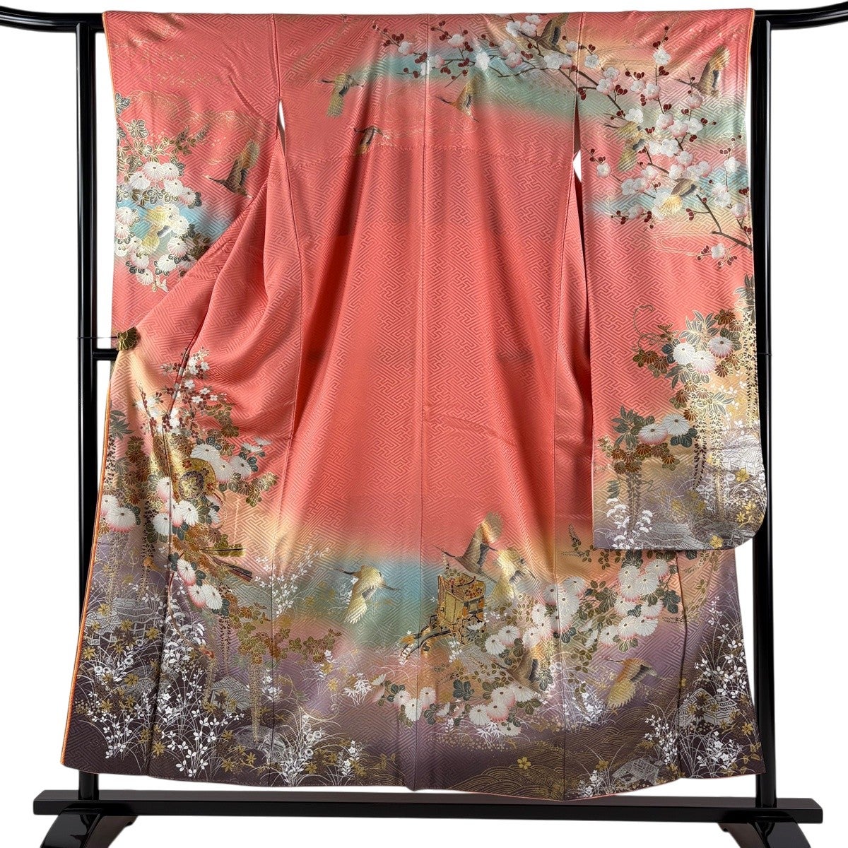 振袖 身丈154.5cm 裄丈62.5cm S 袷 鼓 菊 金銀彩 ぼかし サーモン