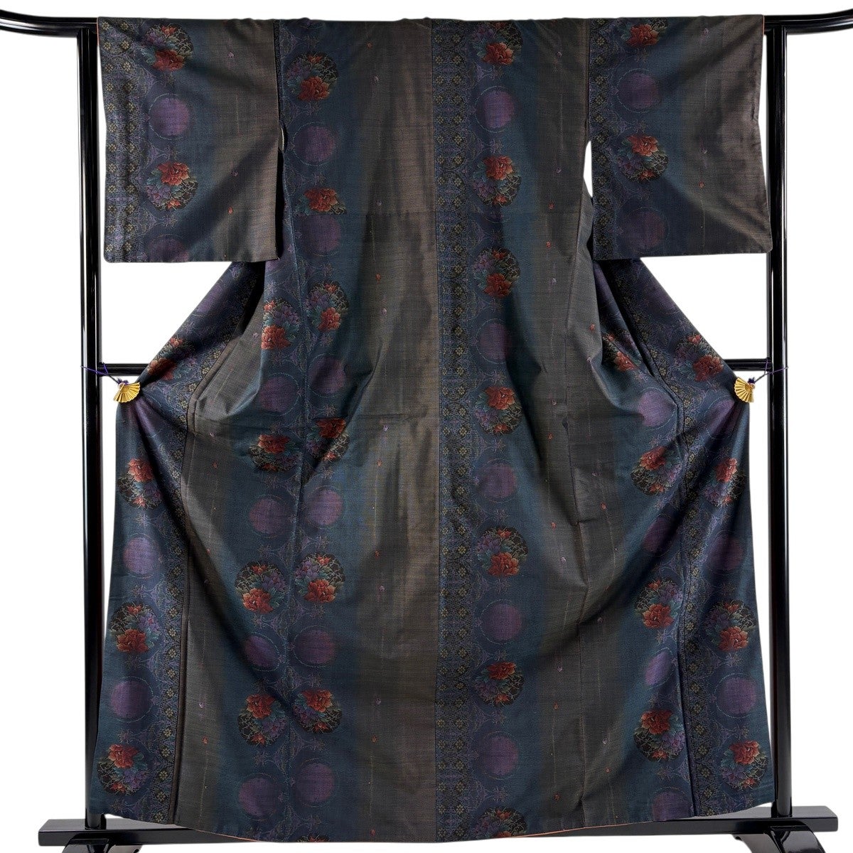 紬 身丈161cm 裄丈62.5cm S 袷 雪輪 草花 青緑 正絹 秀品｜中古・古着