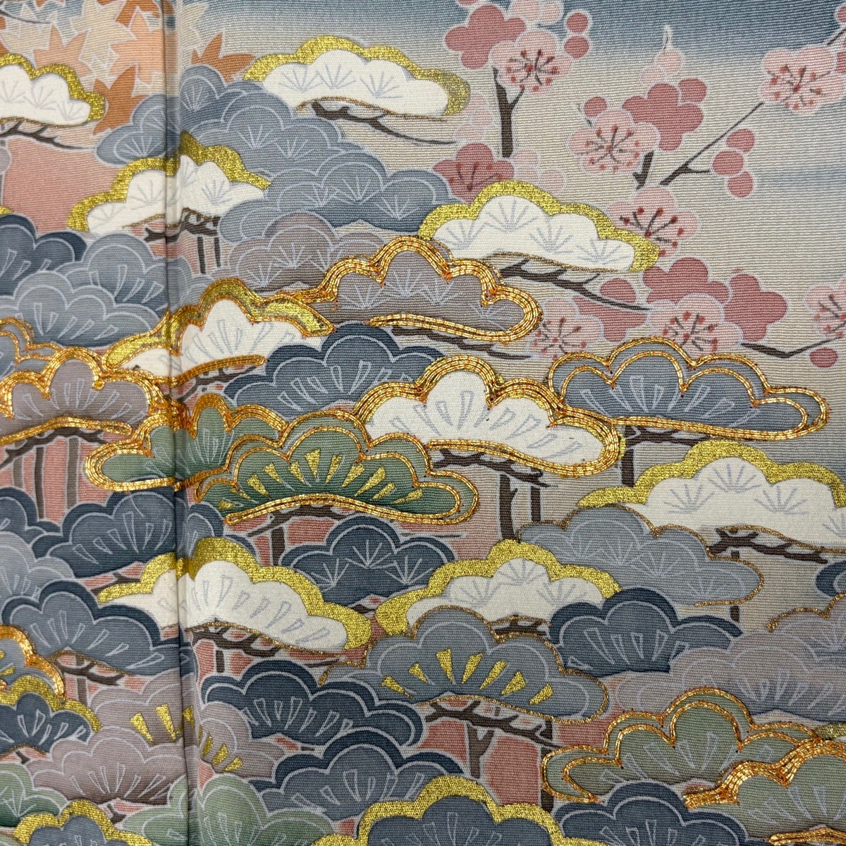 色留袖 身丈163.5cm 裄丈66.5cm M 袷 落款あり 笠松 鳥 金糸 金彩 青
