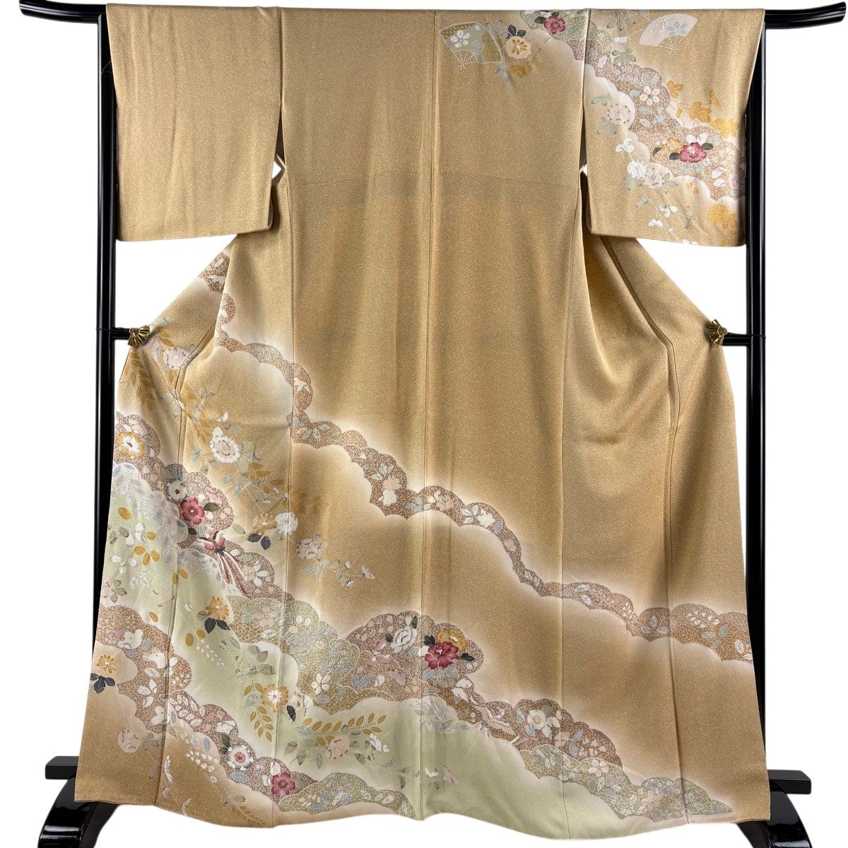 訪問着 身丈162.5cm 裄丈64.5cm M 袷 橘 桜 金糸 箔 ベージュ 正絹 秀