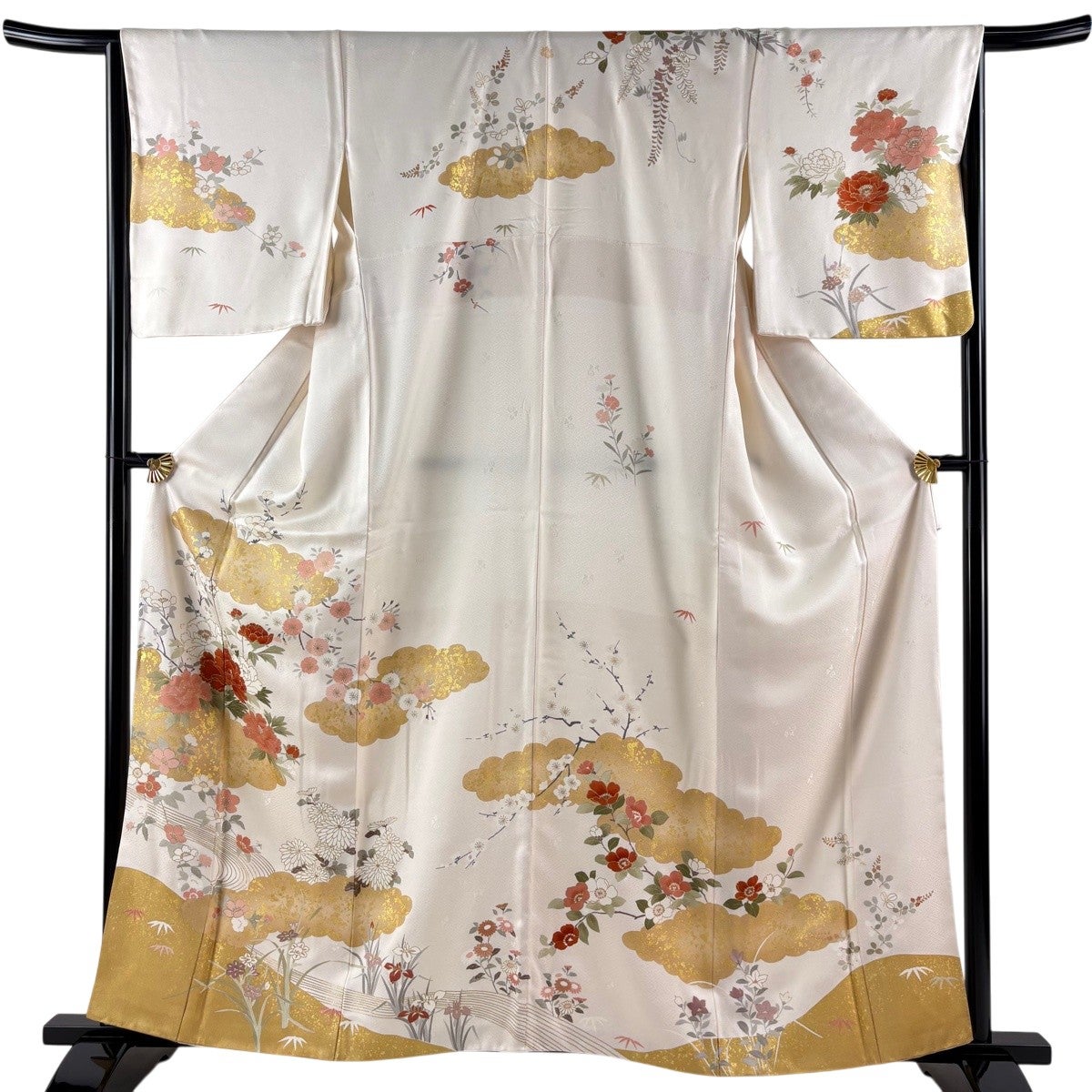 訪問着 身丈161cm 裄丈65.5cm M 袷 牡丹 雲文 金彩 クリーム 正絹 秀品