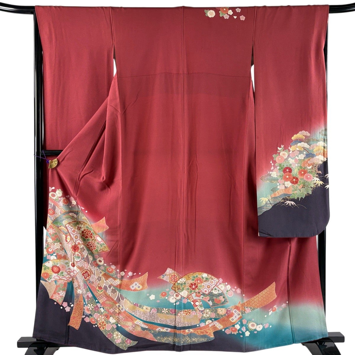 【振袖フルセット】身丈162.5cm 裄丈67.5cm 桜 流水 箔 金彩 赤 振袖 身丈162.5cm 裄丈65cm M 袷 鳳凰 桜 金糸 金彩 茜色 正絹 名品