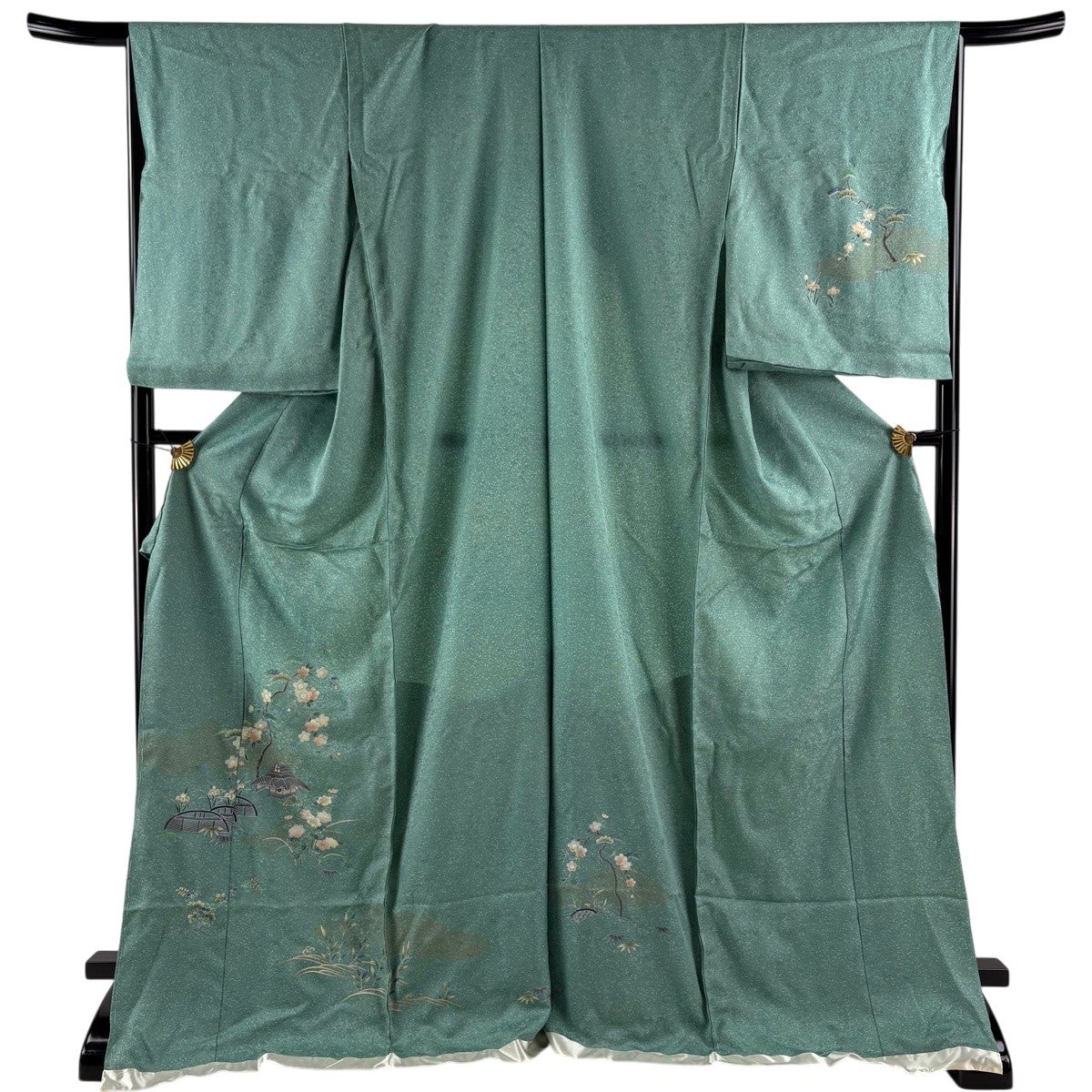 付下げ 身丈176cm 裄丈67.5cm 未仕立て 仮絵羽 桜 家屋 金彩 薄緑 正絹