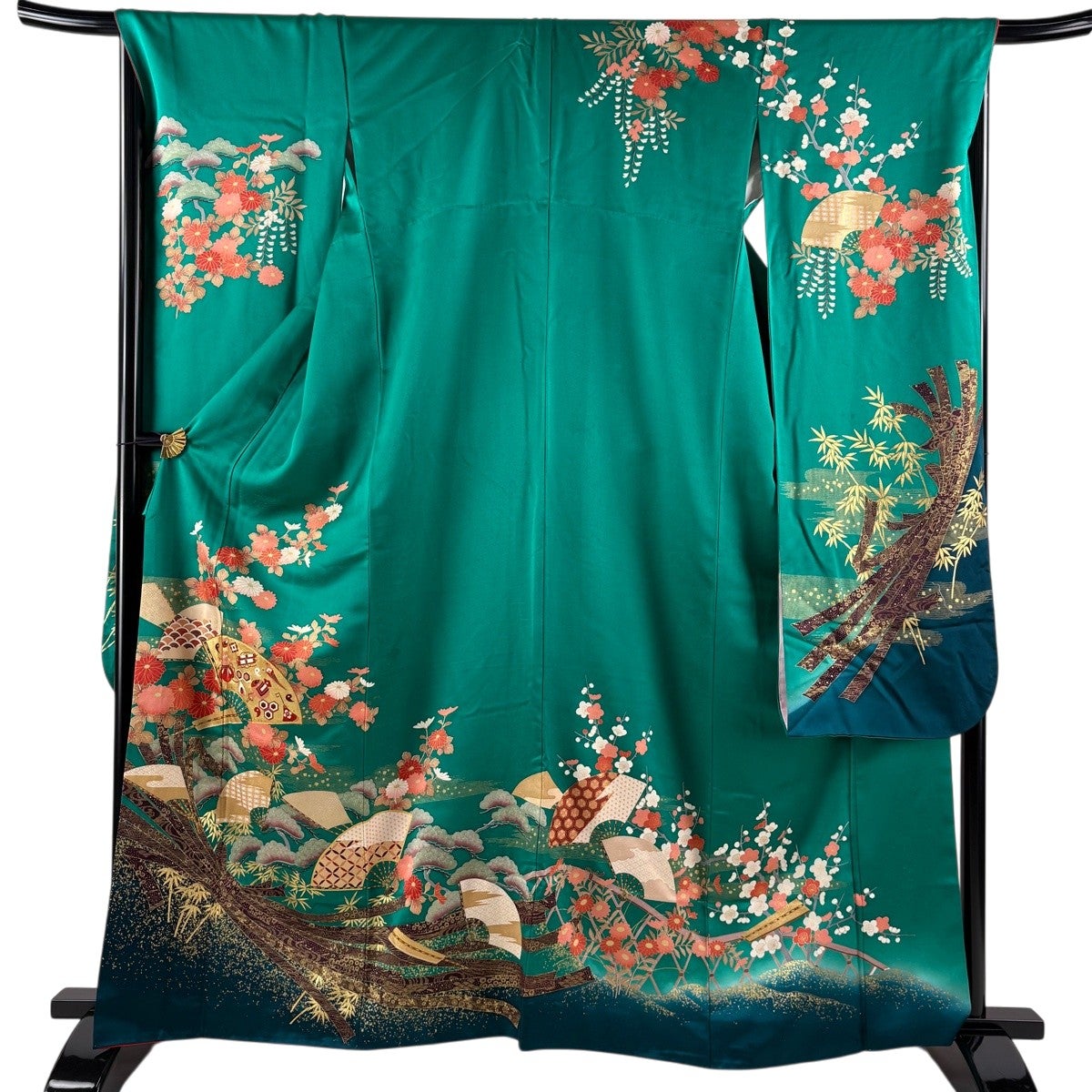 振袖 緑 身丈162cm 裄丈64cm フルセット 振袖 身丈164cm 裄丈68cm L 袷 扇 菊 金彩 緑 正絹 秀品｜中古・古着