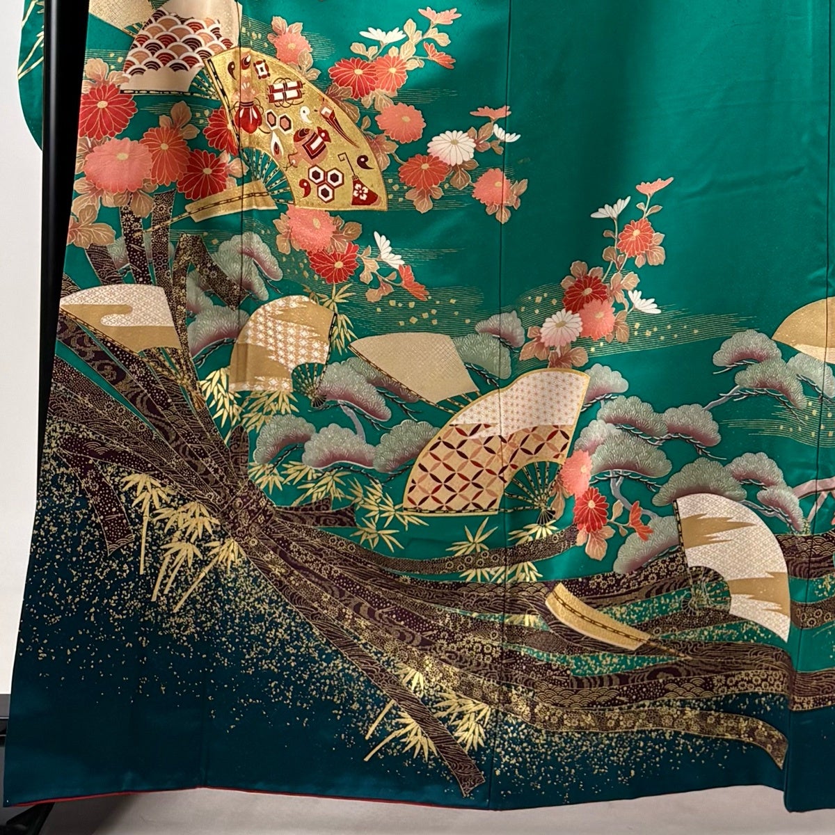 振袖 身丈164cm 裄丈68cm L 袷 扇 菊 金彩 緑 正絹 秀品｜中古・古着