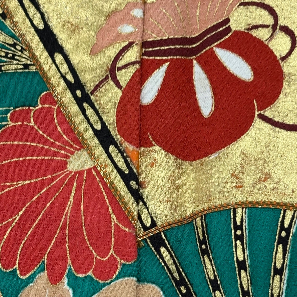 振袖 身丈164cm 裄丈68cm L 袷 扇 菊 金彩 緑 正絹 秀品｜中古・古着