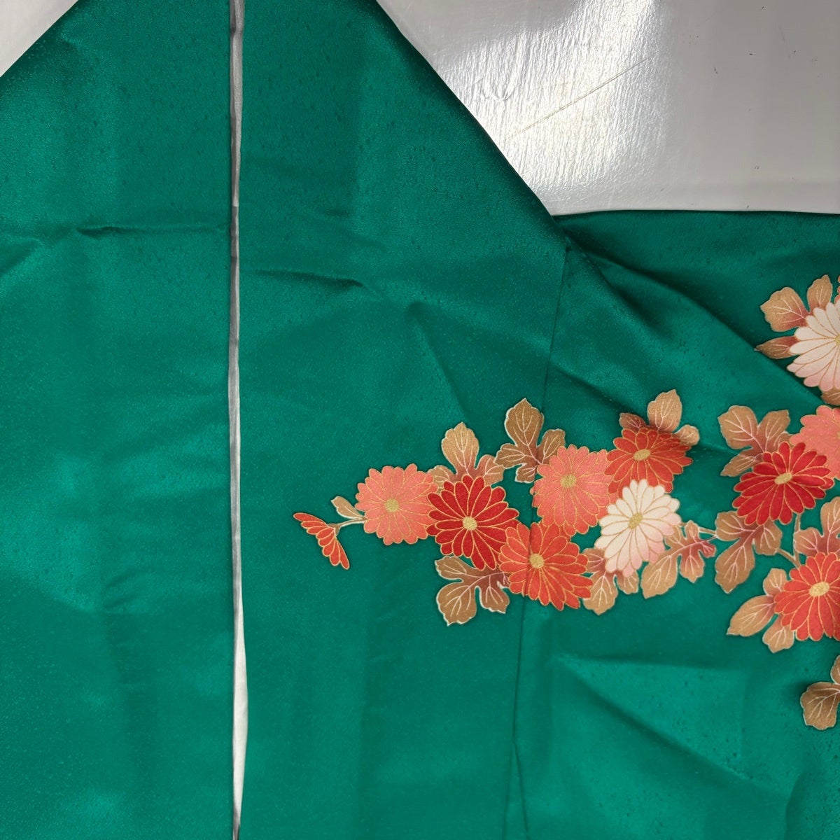 振袖 身丈164cm 裄丈68cm L 袷 扇 菊 金彩 緑 正絹 秀品｜中古・古着