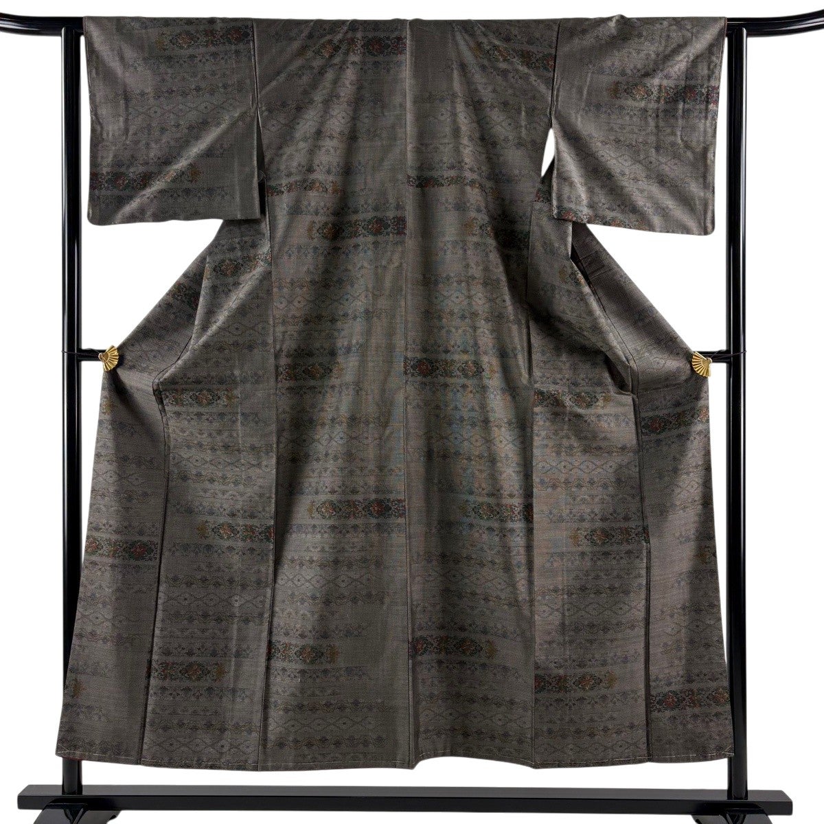 美品】 大島紬 身丈156.5cm 裄丈63cm S 袷 証紙あり 縞 幾何学 灰緑