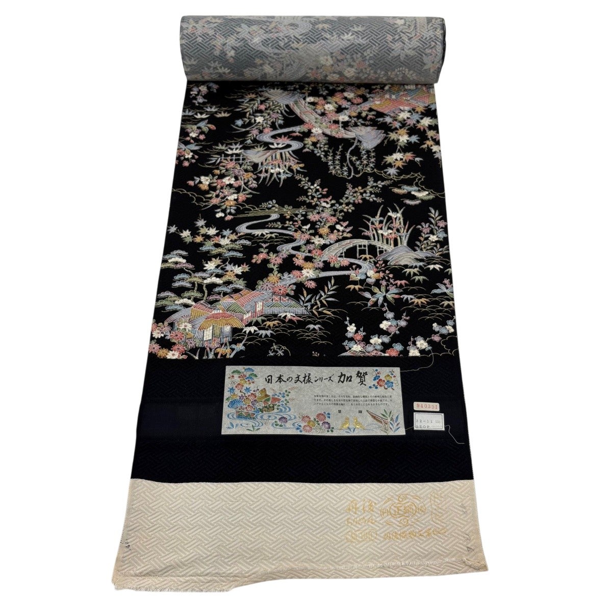 反物 秀品 小紋 建物 草花 黒 正絹｜中古・古着・リサイクル着物通販