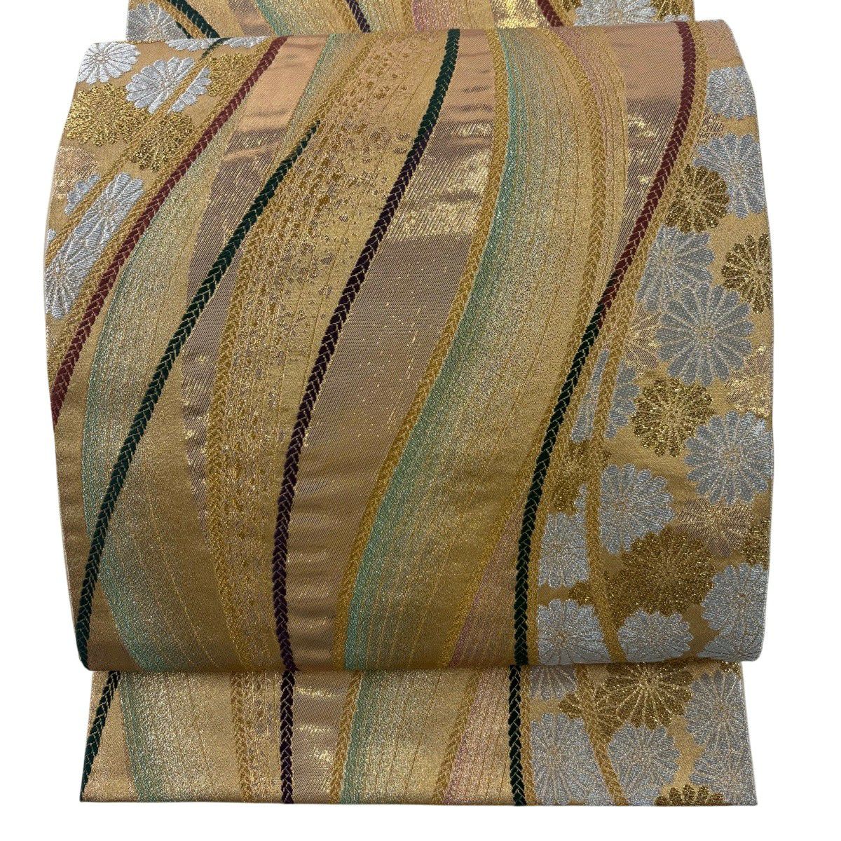 美品】 袋帯 秀品 夏帯 関西仕立て 椿 松竹 金銀糸 クリーム 六通 正絹