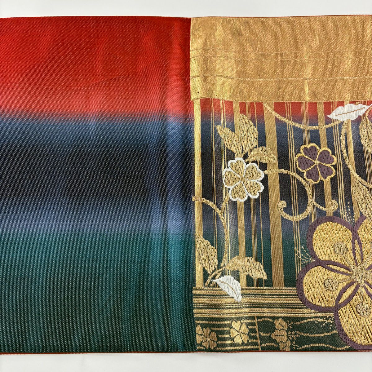 在庫一掃】 袋帯 秀品 梅 花唐草 金銀糸 刺繍 青紫 六通 正絹｜中古