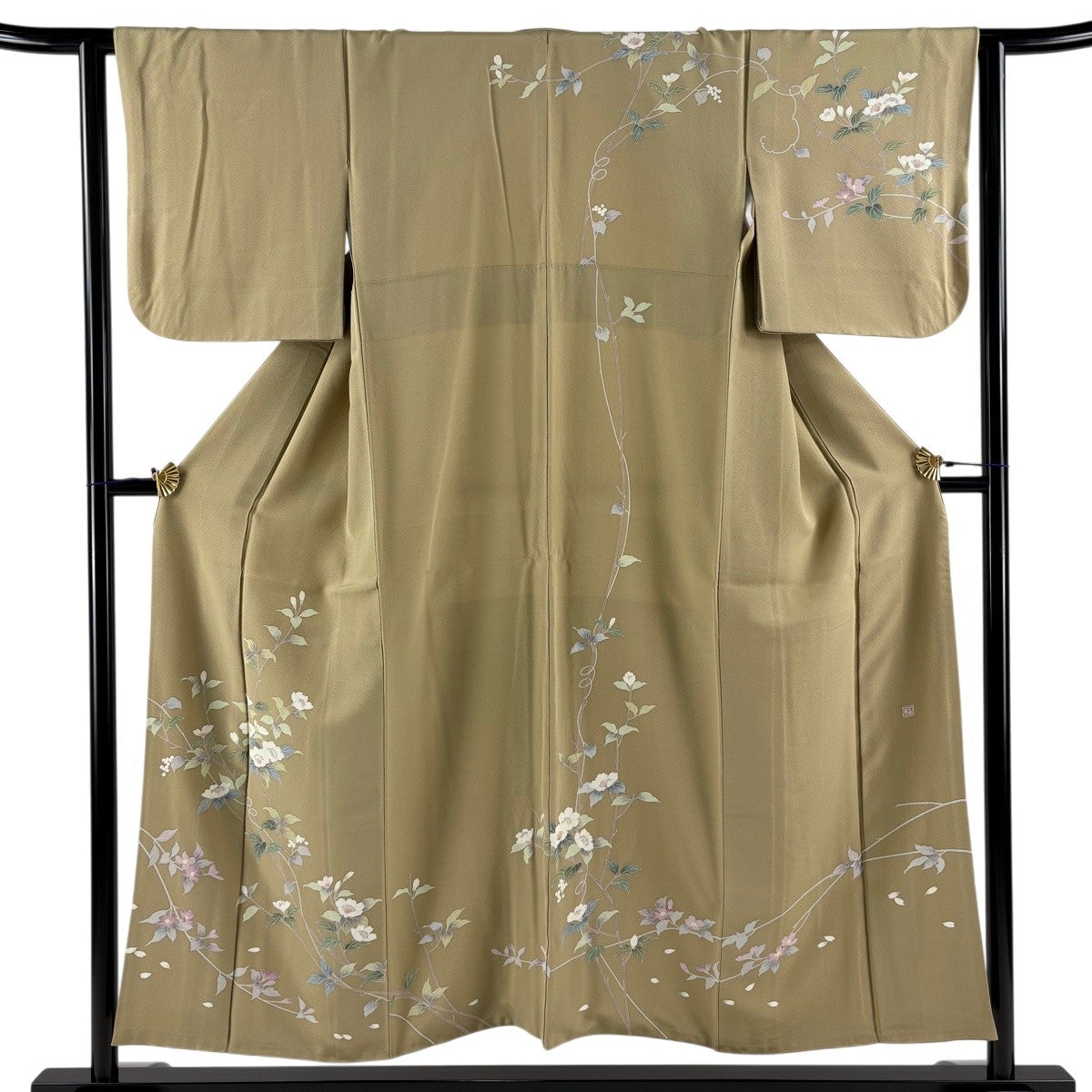 訪問着 身丈154cm 裄丈62.5cm S 袷 枝花 金彩 ぼかし 鶯色 正絹 秀品