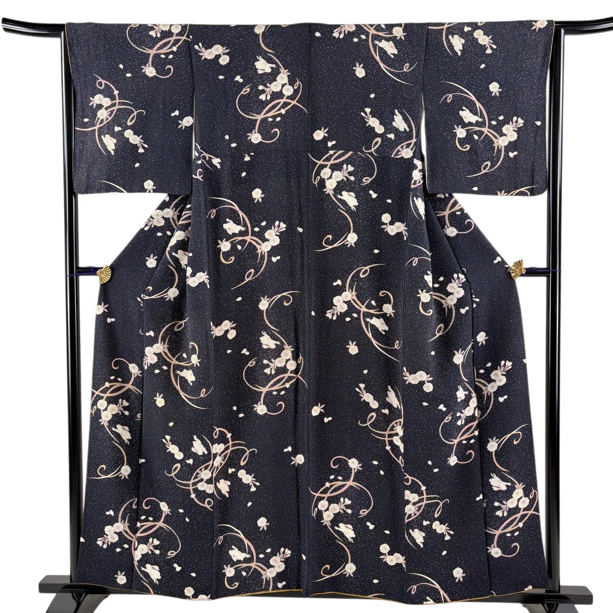 小紋 身丈152cm 裄丈62.5cm S 袷 月うさぎ 星 墨色 正絹 名品｜中古