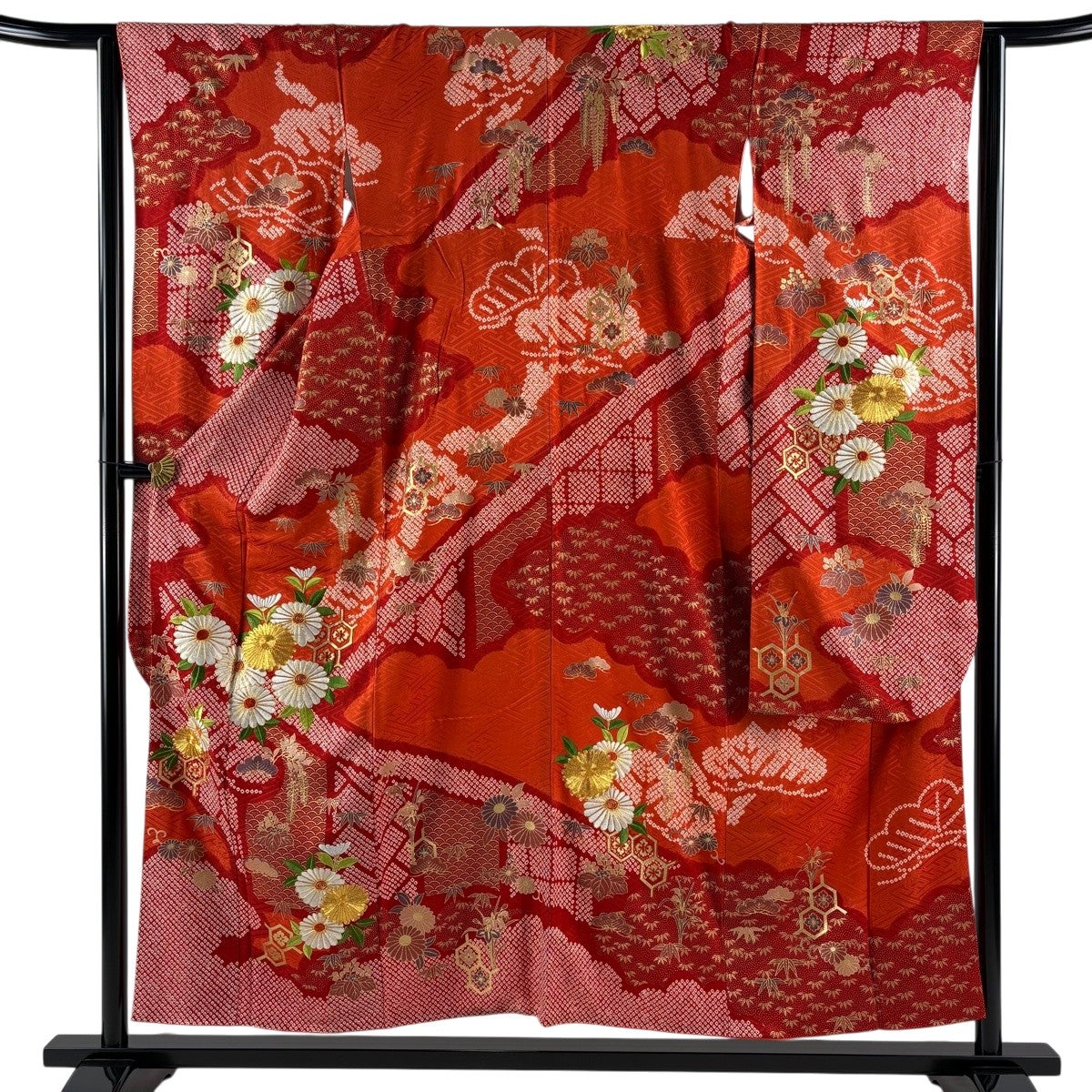 振袖 身丈154.5cm 裄丈63.5cm S 袷 菊 有職文様 絞り 金糸 朱色 正絹