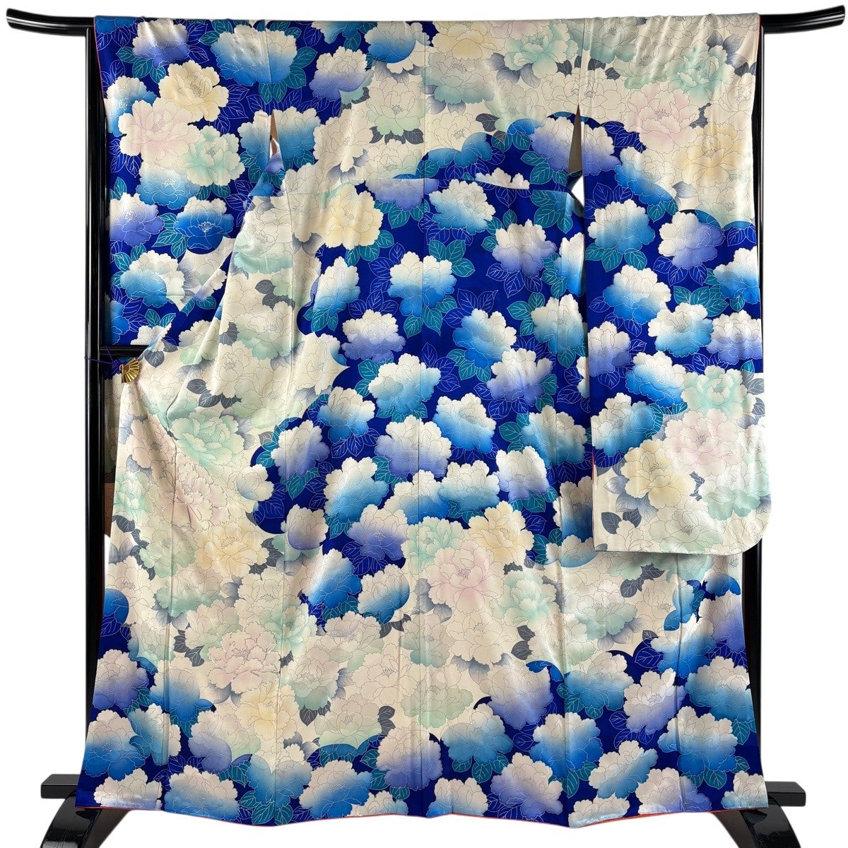振袖 身丈161cm 裄丈66cm M 袷 牡丹 銀糸 銀彩 青 正絹 秀品｜中古