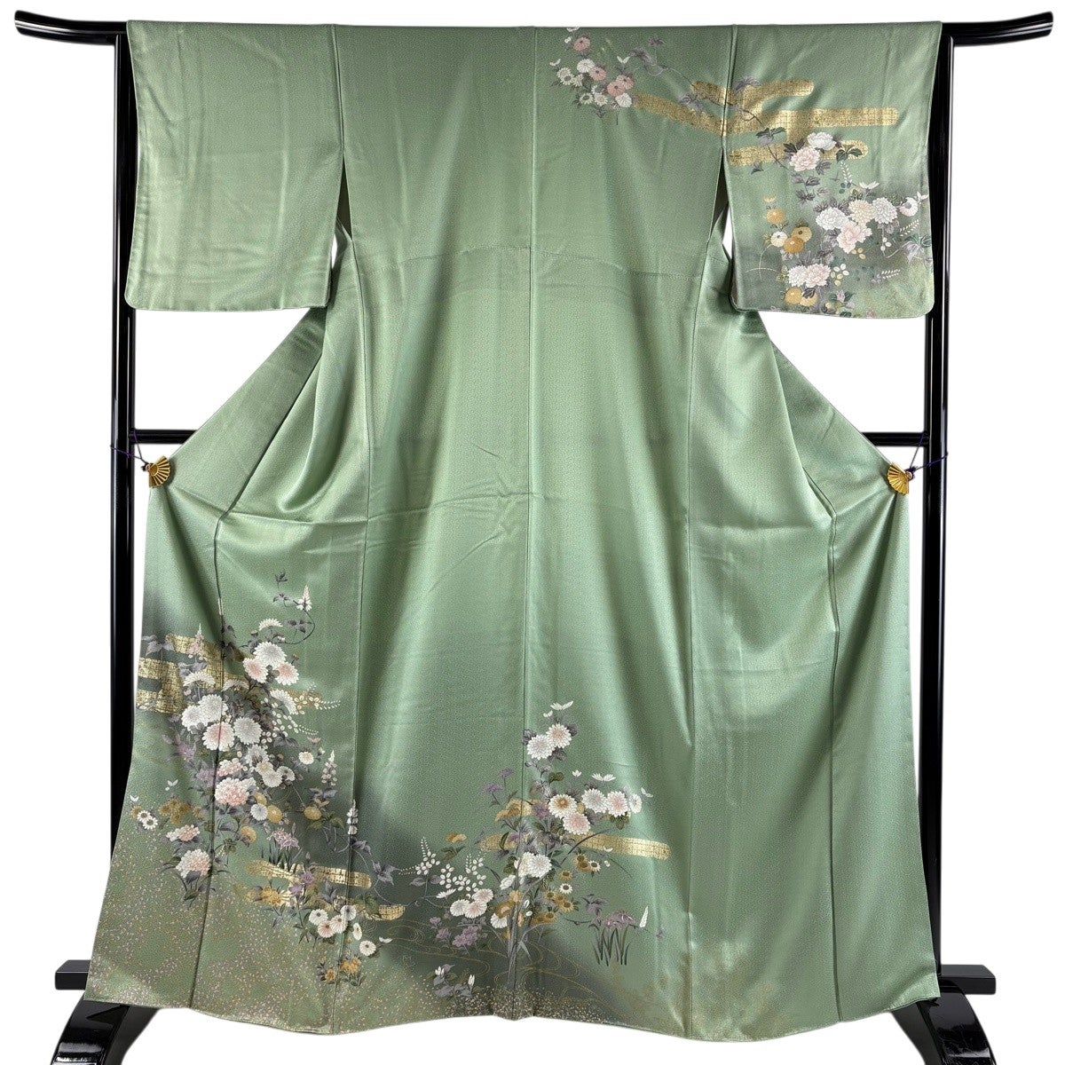 美品 訪問着 白緑色 縮緬地 御所車 鴛鴦 身丈160cm 裄丈69cm 正絹 訪問着 身丈164cm 裄丈65.5cm M 袷 菊 ヱ霞 金彩 ぼかし 薄緑 正絹 秀