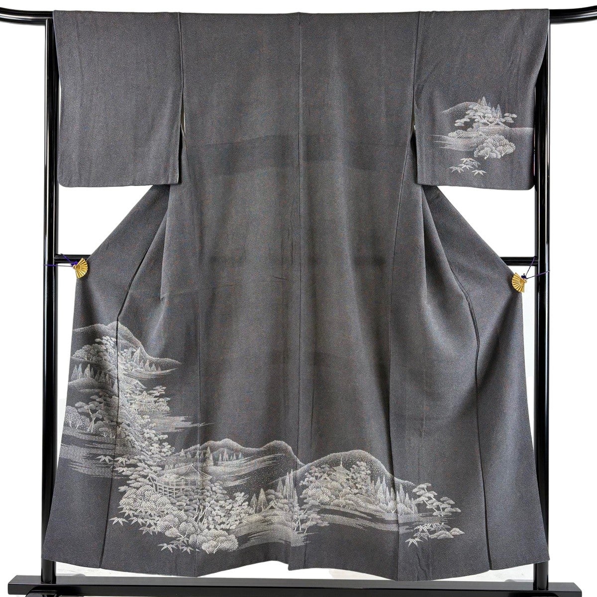 付下げ 身丈152cm 裄丈65cm M 袷 遠山 建物 黒灰 正絹 秀品｜中古