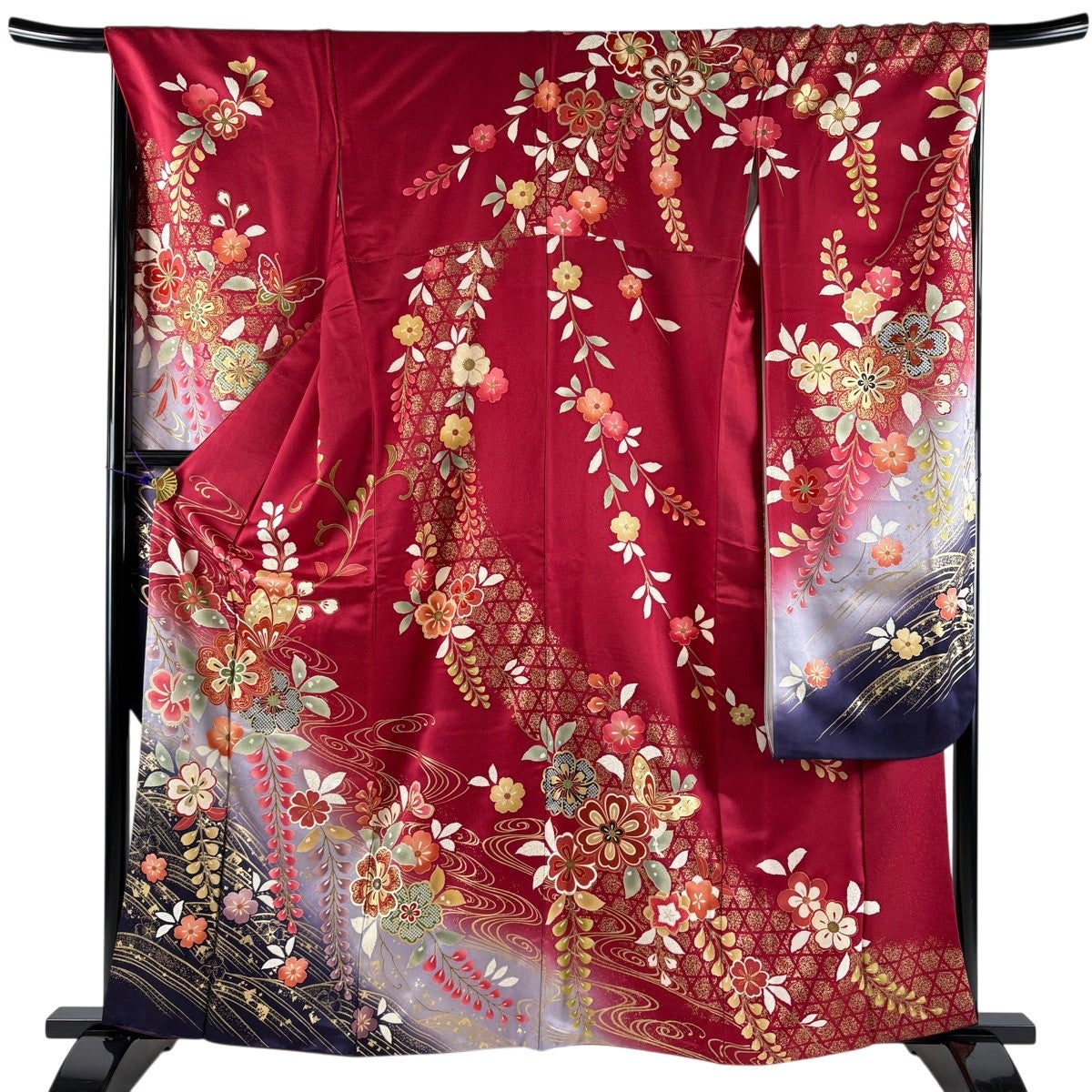 振袖 身丈162cm 裄丈67.5cm L 袷 桜 蝶 金彩 染め分け 赤 正絹 秀品