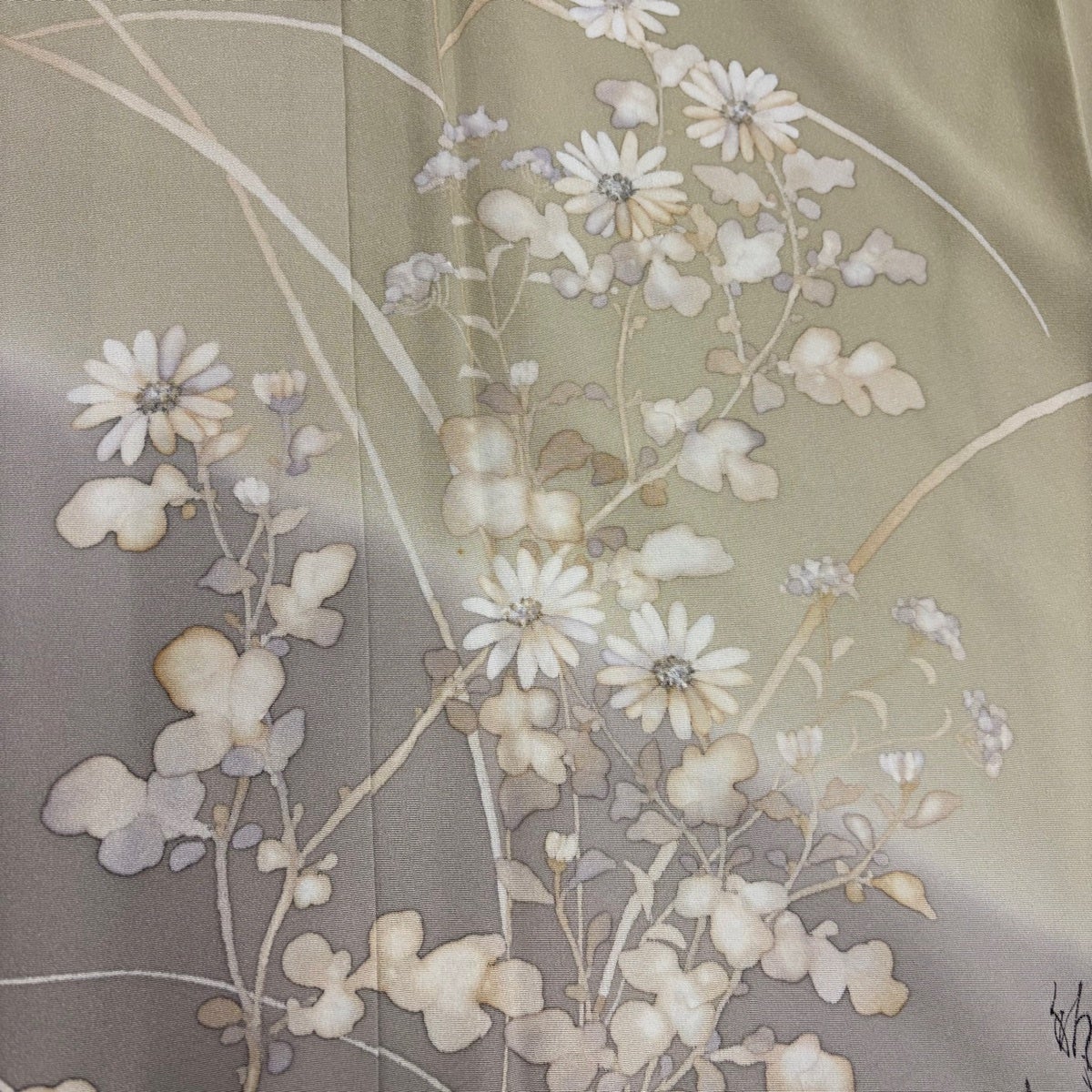 訪問着 身丈155.5cm 裄丈64cm M 袷 落款あり 草花 文字文 染め分け