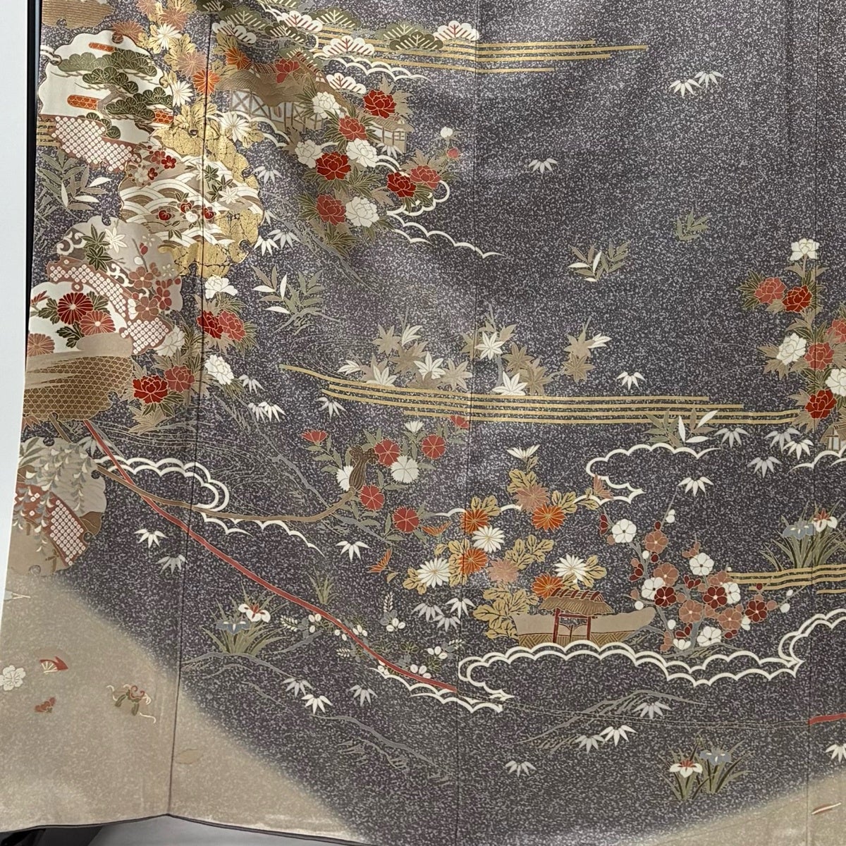 訪問着 身丈169cm 裄丈67.5cm L 袷 家屋 松竹梅 灰紫 正絹 秀品｜中古