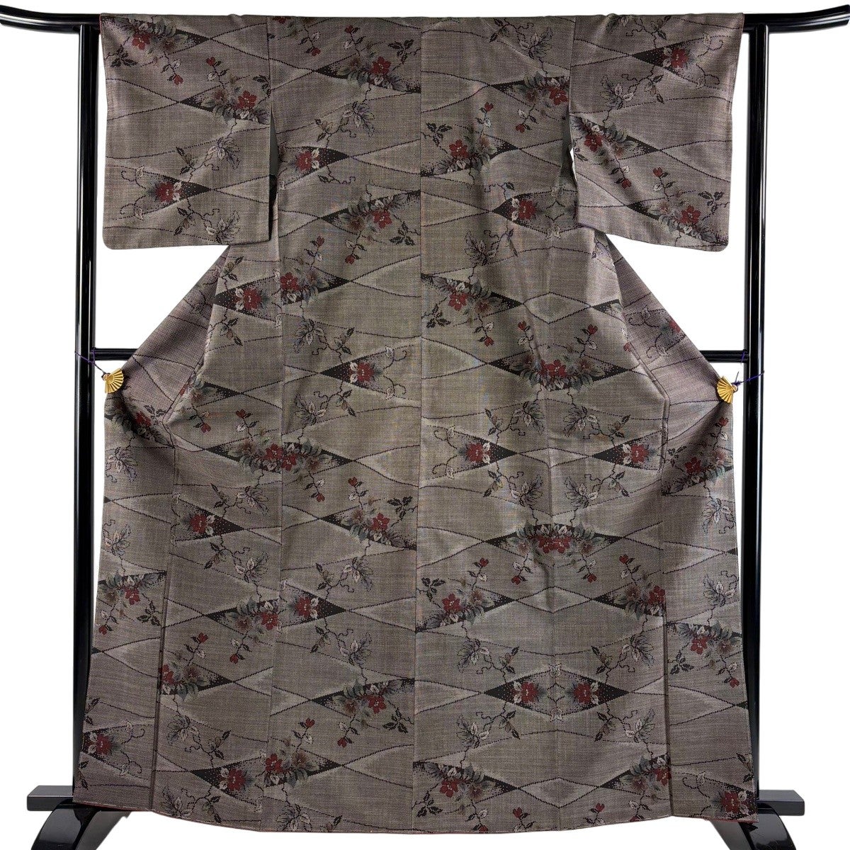 美品】 紬 身丈164cm 裄丈61.5cm S 袷 純泥染 証紙あり 草花 幾何学