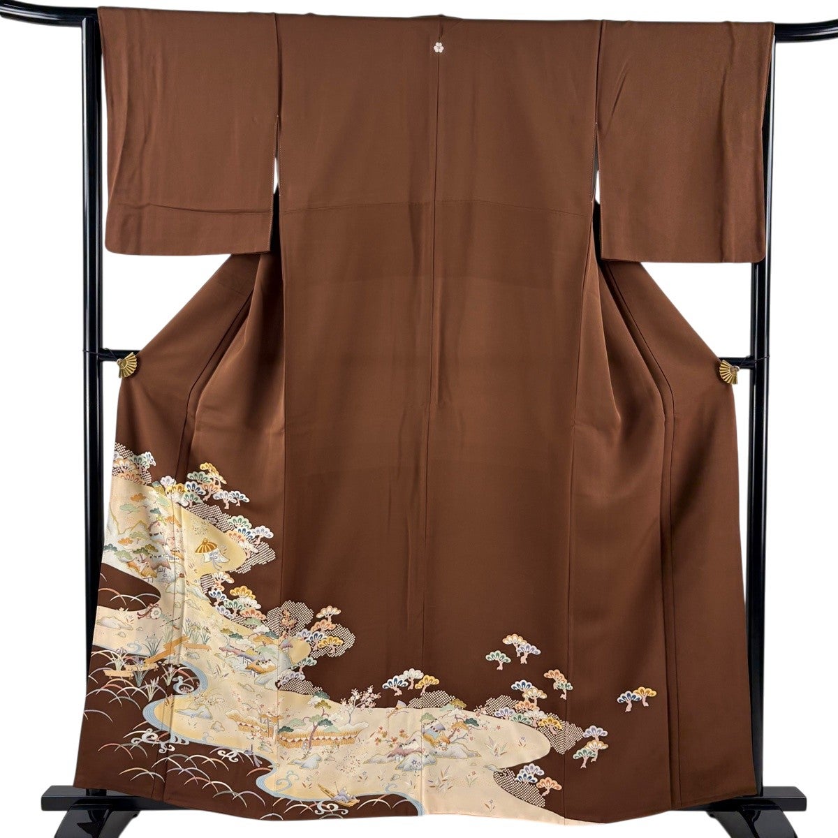 色留袖 身丈158.5cm 裄丈65.5cm M 袷 松 風景 金糸 金彩 茶色 正絹 秀