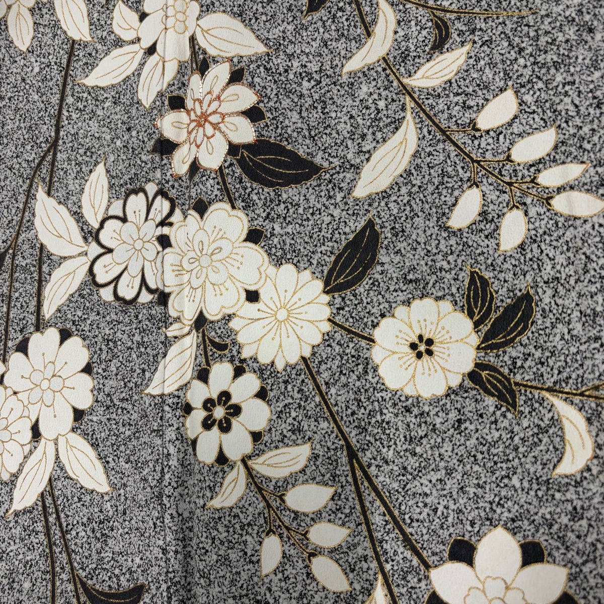 訪問着 身丈154cm 裄丈65.5cm M 袷 桜 菊 金彩 黒灰 正絹 秀品｜中古