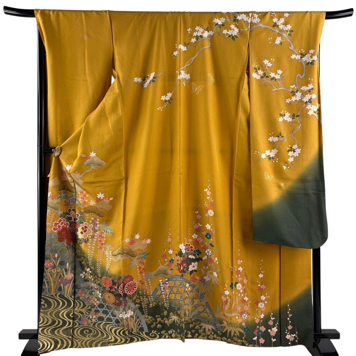 振袖 身丈162.5cm 裄丈69.5cm L 袷 花丸文 流水 金彩 染め分け 山吹