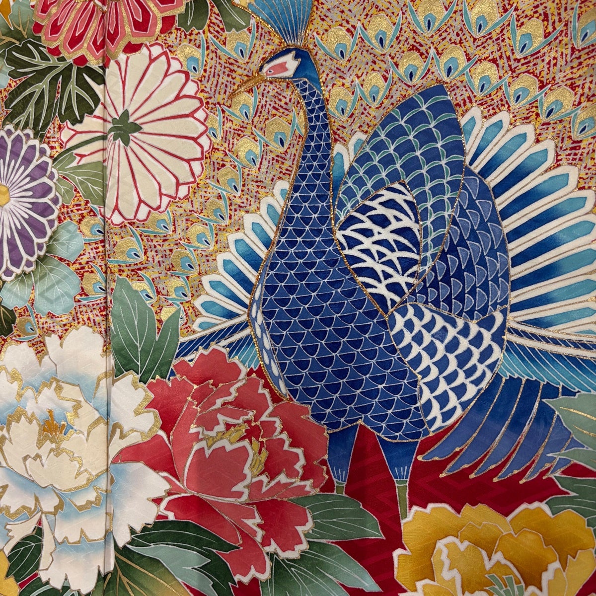 振袖 身丈156cm 裄丈65.5cm M 袷 孔雀 草花 金糸 金彩 赤 正絹 秀品