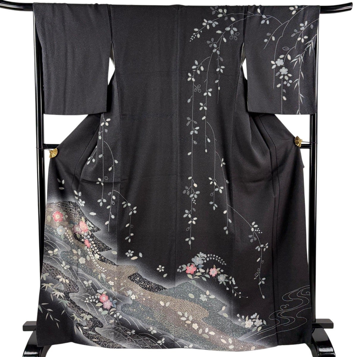 蝶々訪問着フルセット　身丈150cm 裄丈63cm 訪問着 身丈169cm 裄丈67cm M 袷 桜 蝶 銀彩 ぼかし 墨色 正絹 秀品