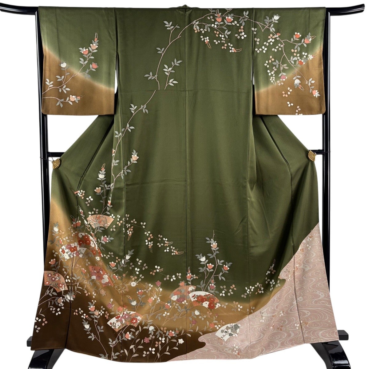 訪問着 身丈162cm 裄丈64cm M 袷 華文 花唐草 刺繍 金糸 青緑 正絹 秀