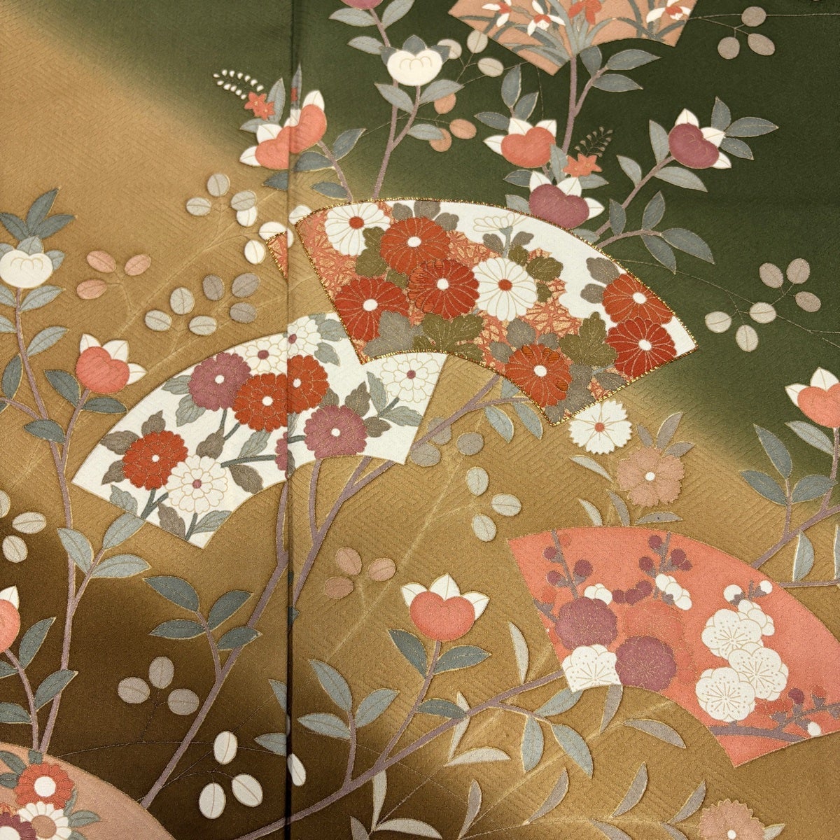 訪問着 身丈166.5cm 裄丈64.5cm M 袷 扇面 菊 金糸 金彩 茶緑色 正絹