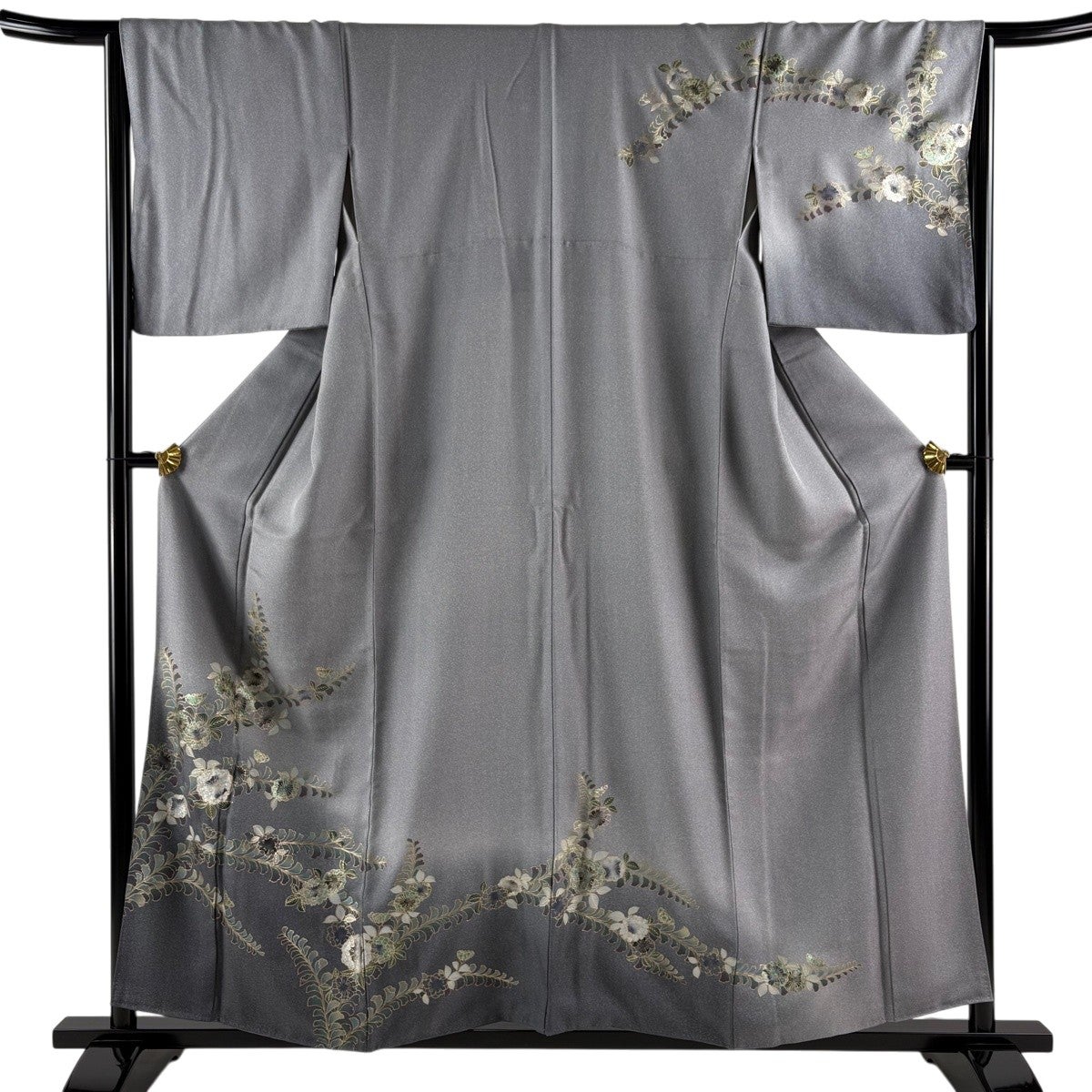 訪問着 身丈158cm 裄丈66.5cm M 袷 草花 金銀彩 ぼかし 灰色 正絹 秀品