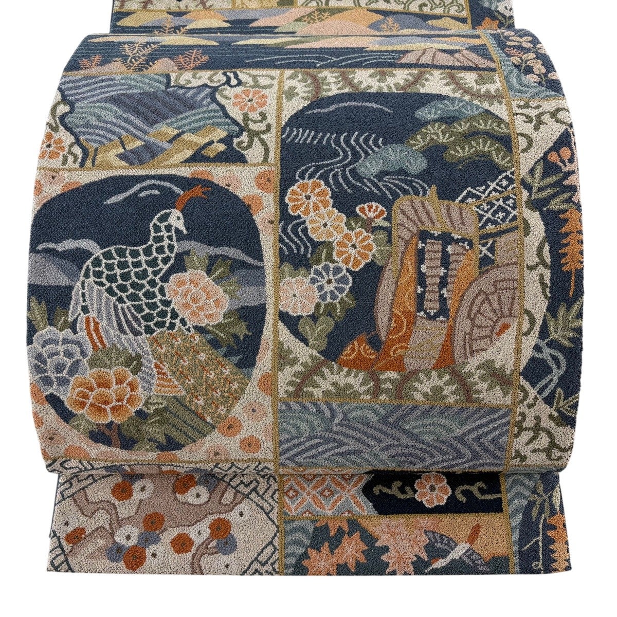 美品】 袋帯 逸品 御所車 花鳥 相良刺繍 青灰色 六通 正絹｜中古・古着