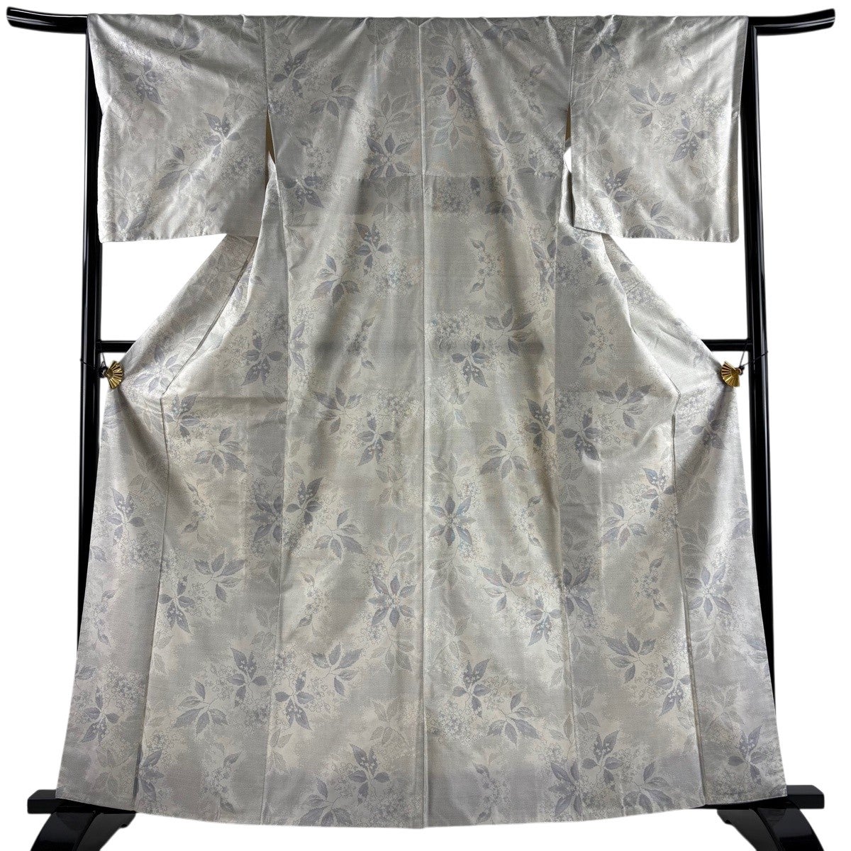 紬 身丈164cm 裄丈66cm M 袷 枝花 灰白 正絹 優品｜中古・古着