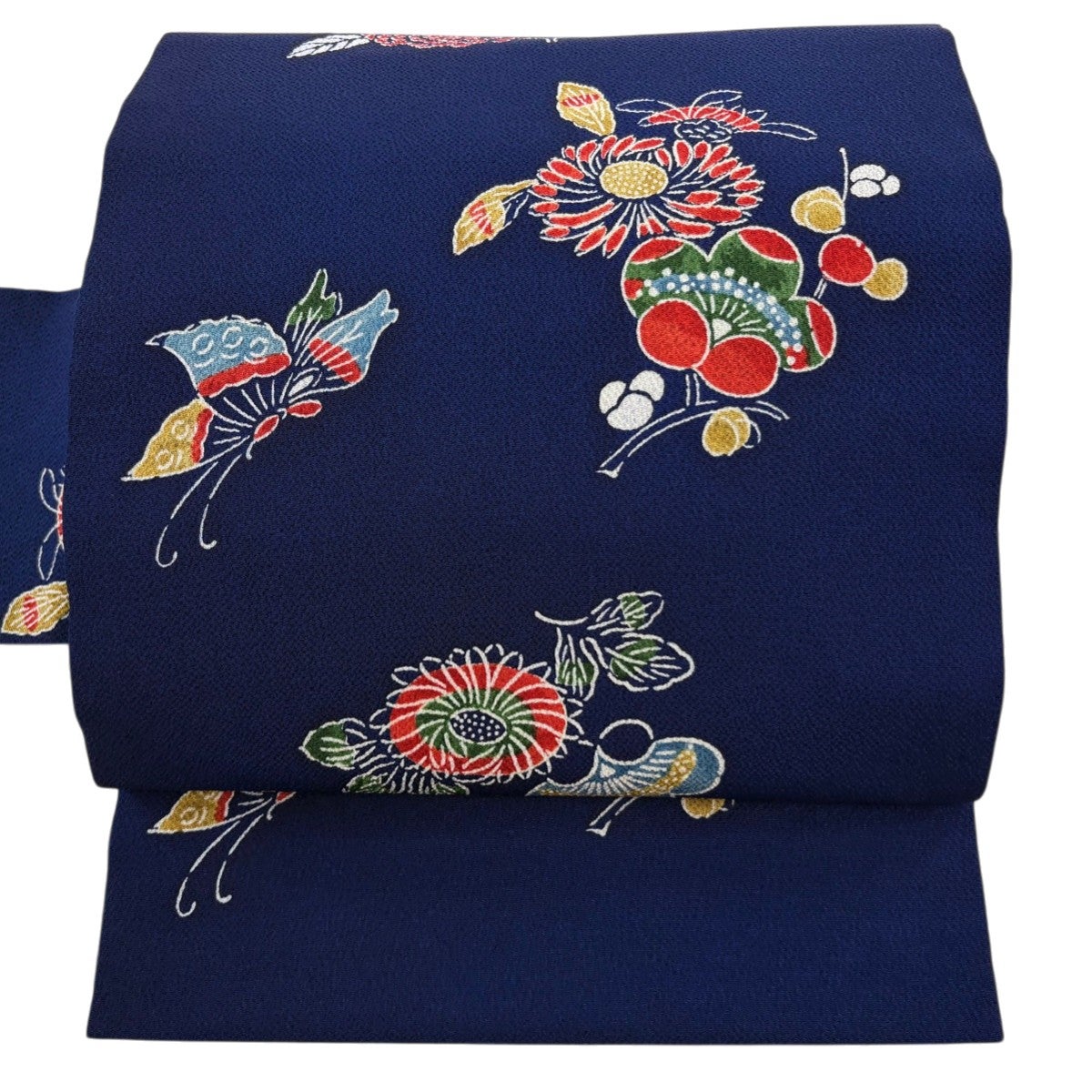 開き名古屋帯 名品 山岡古都 落款あり 枝梅 草花 縮緬 灰茶 正絹｜中古