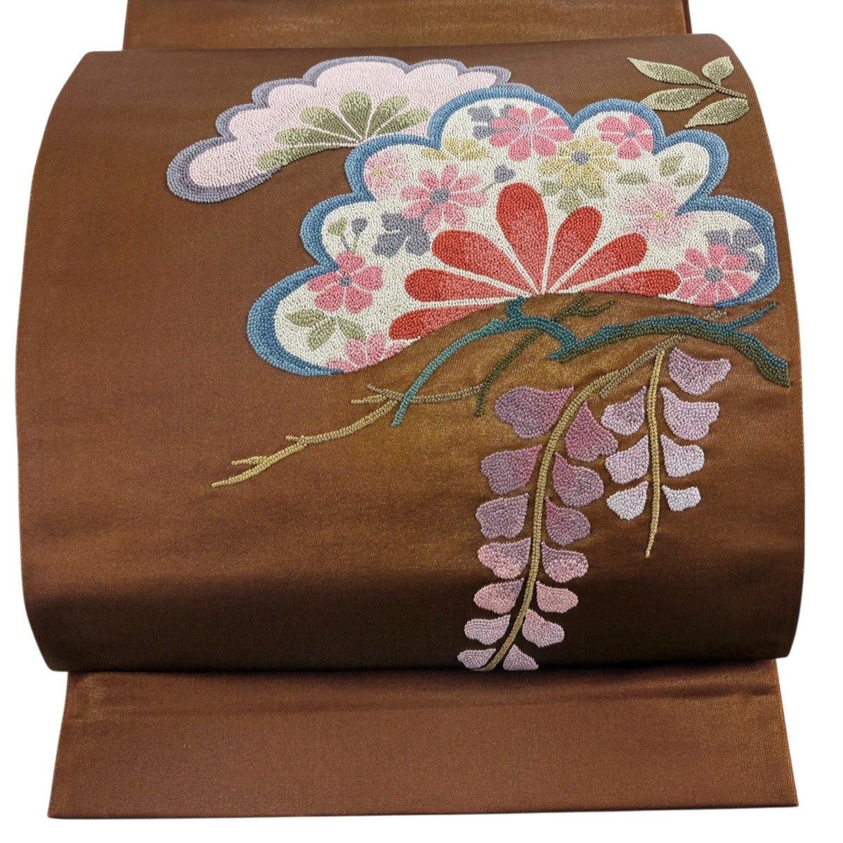 ブラウン地に沢山の花柄刺繍の袋帯　正絹 袋帯 秀品 色紙 草花 刺繍 茶色 お太鼓柄 正絹｜中古・古着