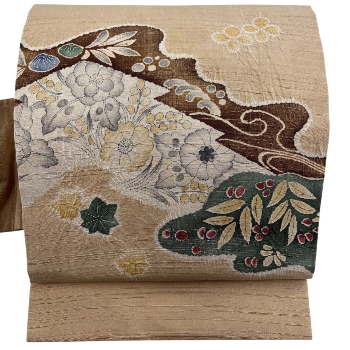 名古屋帯 秀品 紬地 辻が花 ぼかし ベージュ 正絹|中古・古着 名古屋帯 秀品 紬地 辻が花 ぼかし ベージュ 正絹|中古・古着