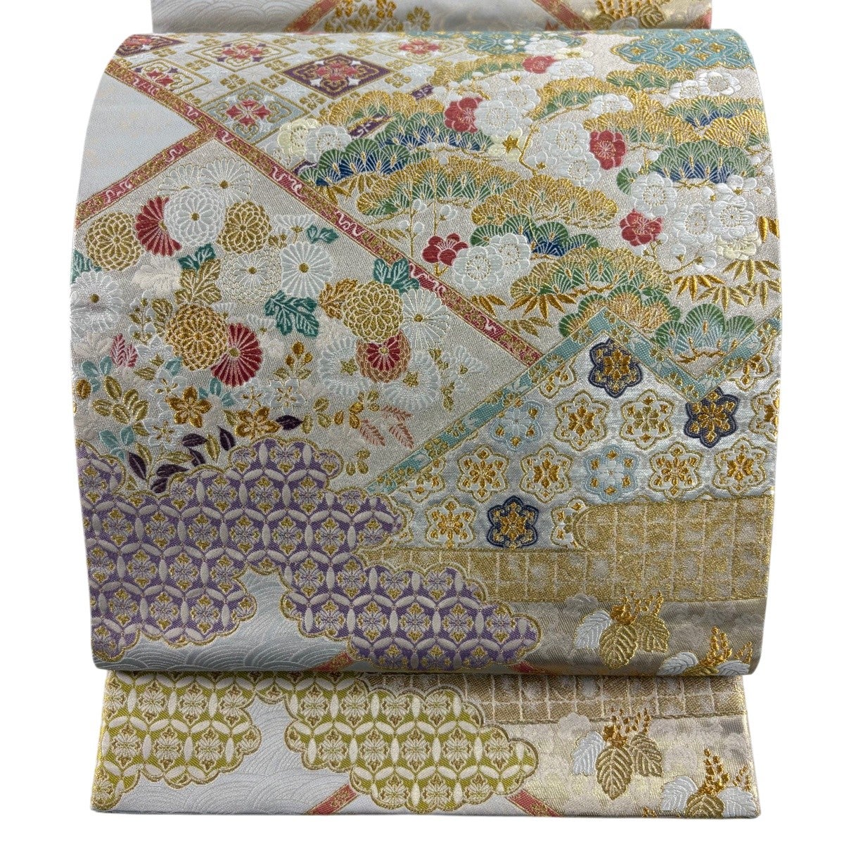 正絹袋帯　花ゾウ　バンブー織　六通柄　クリーム色×カーキ×ワイン　洒落袋帯 袋帯 美品 逸品 六通 正絹 中古 - 唐織 金糸 クリーム 帯 草花 Yahoo